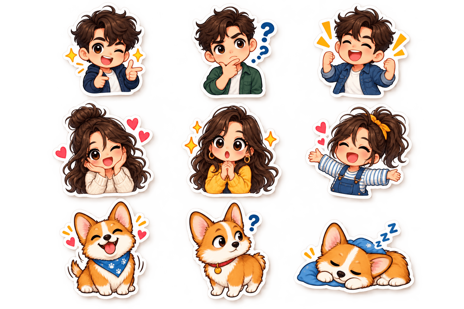 Chibi chat stickers showing expressive male, female, and corgi characters